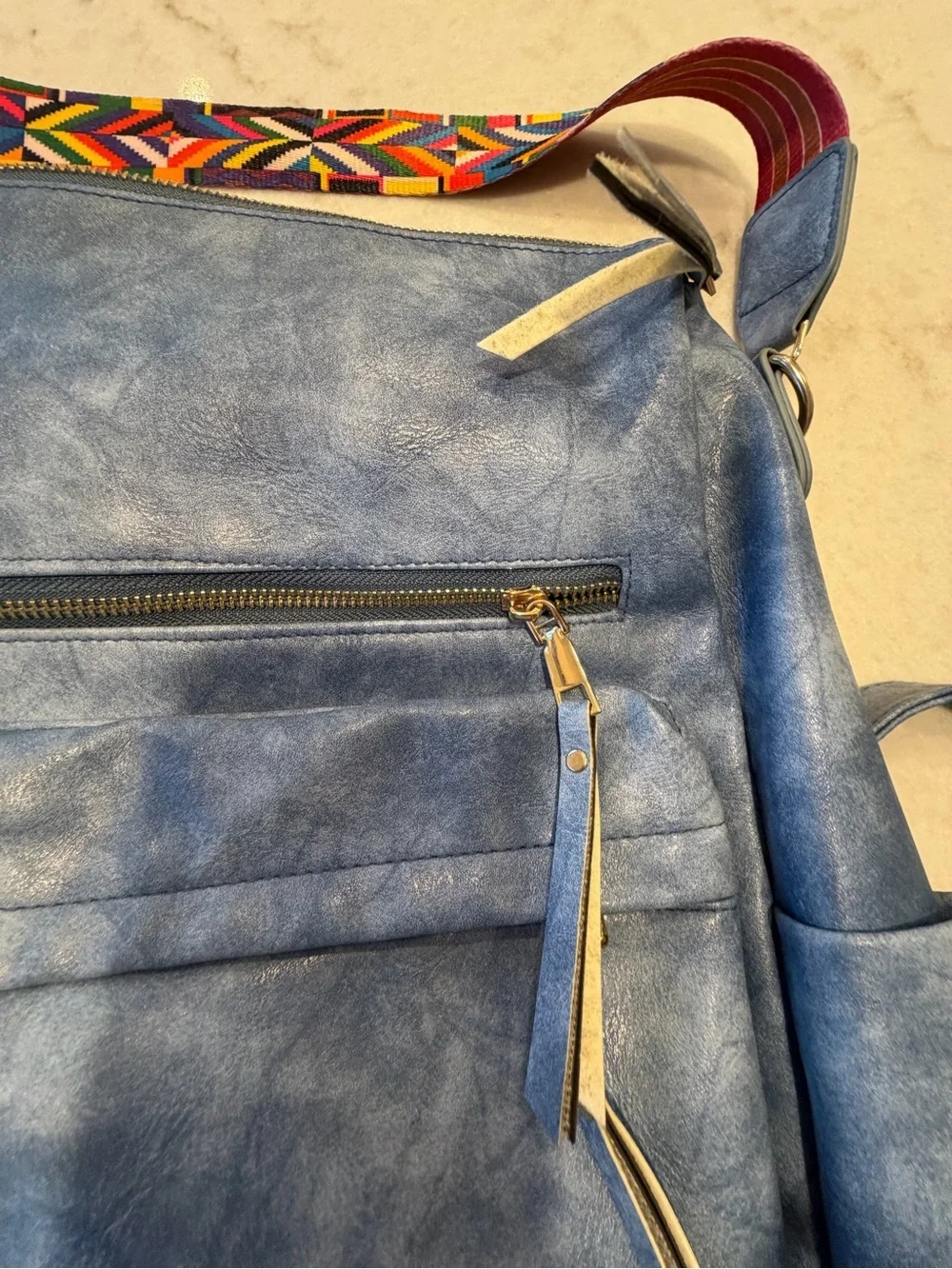 Dusty Blue heritage Vegan Leather Backpack with guitar  Colorful Strap